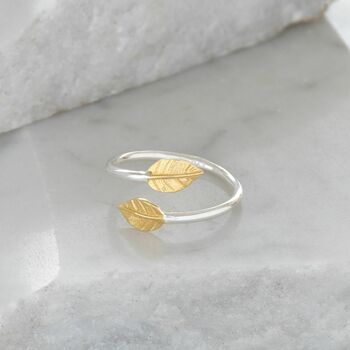 Adjustable Double Leaf Ring In Silver And Gold Vermeil, 2 of 4