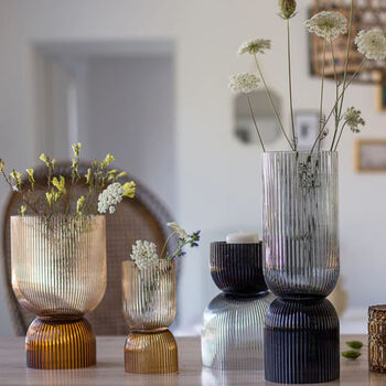 Riva Ribbed Amber Glass Hurricane Vase, 6 of 8