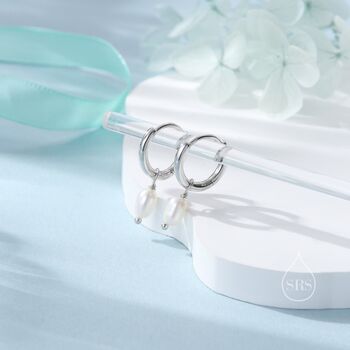 Sterling Silver Genuine Oval Pearl With Skinny Hoop Earrings, 3 of 11