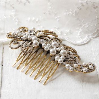 Golden Pearl Filigree Wedding Hair Comb, 2 of 4
