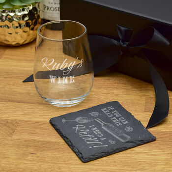 Gift Boxed 'I Need A Refill' Wine Glass And Coaster Set, 3 of 4