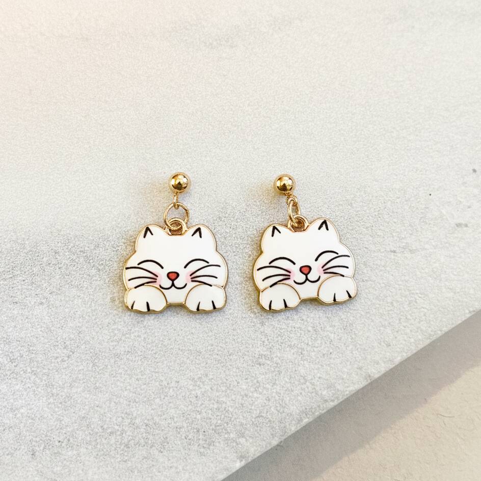 White Enamel Cat Face Drop Earrings, 1 of 2