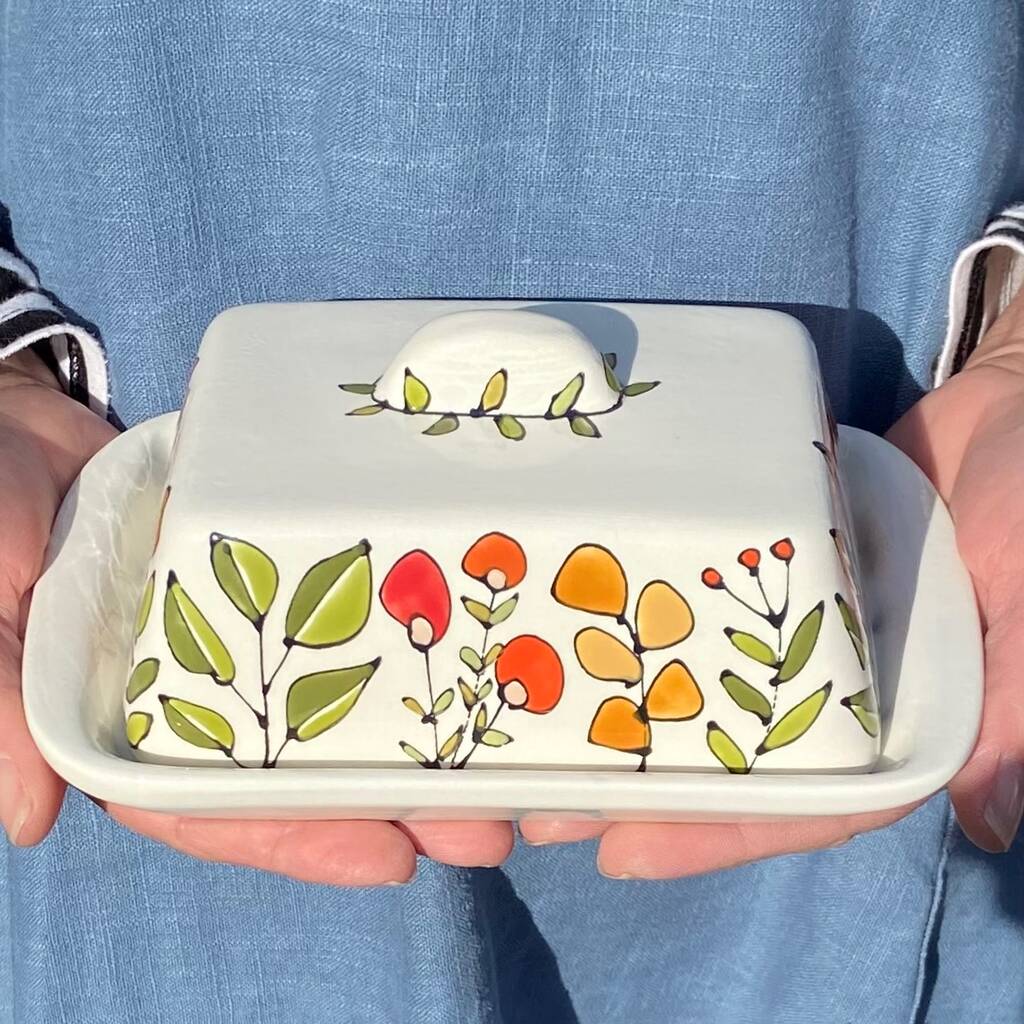 Personalised Handpainted Leaf And Bud Butter Dish, 1 of 2
