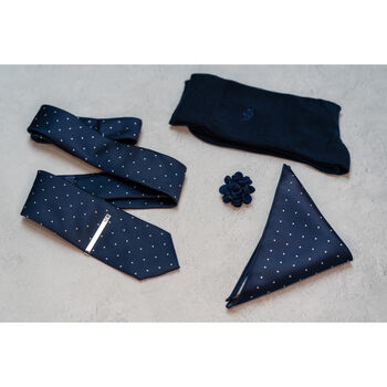 Navy Blue Polka Dot Tie And Sock Set Groomsmen Gift, 3 of 3