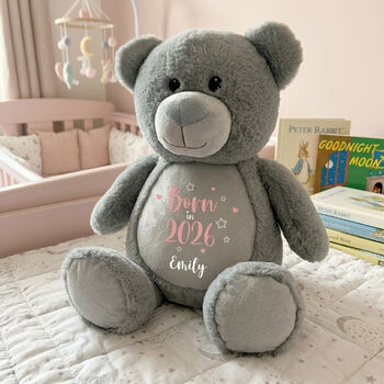 Personalised Born In 2026 Grey Plush Teddy Bear, 3 of 11