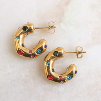 Non Tarnish Chunky Hoop Earrings With Colourful Gems, 4 of 9