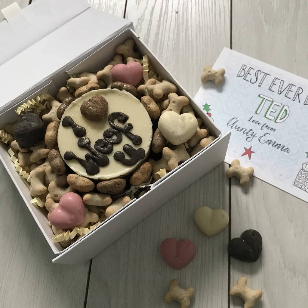 Personalised Christmas Dog Treat Box 'I Woof You' Cake By Claire Sowden