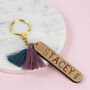 Rainbow Personalised Name Wooden Tassel Keyring, thumbnail 1 of 4