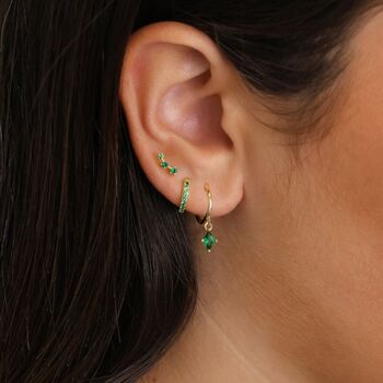 Delicate Dangle Emerald May Birthstone Hoop Earrings, 2 of 4