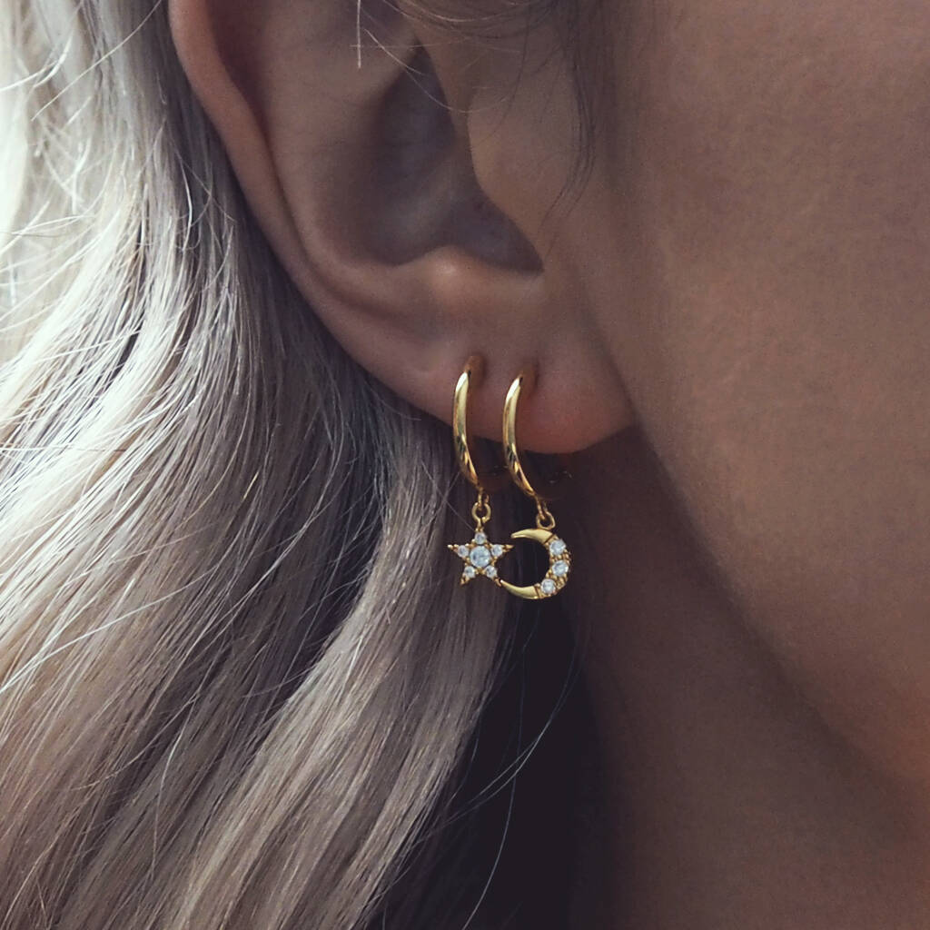 Erika. Gold Plated Moon And Star Hoop Earrings, 1 of 4