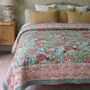 Turquoise, Pink And Burgundy Floral Indian Block Printed Cotton Bed Quilt, thumbnail 1 of 9