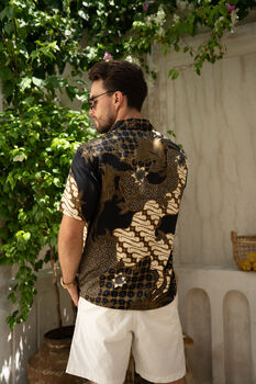 Men's Black Satin Batik Cuban Shirt, 5 of 7