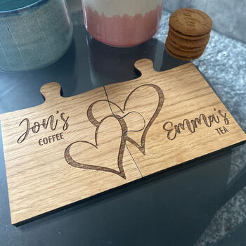 Personalised Couples Coaster Set With Hearts, Engraved Jigsaw Wooden Coaster, 4 of 6