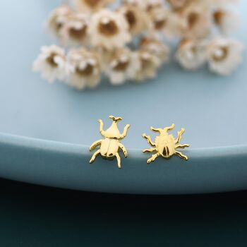 Sterling Silver Tiny Mismatched Little Stag Beetle Stud Earrings, 6 of 12