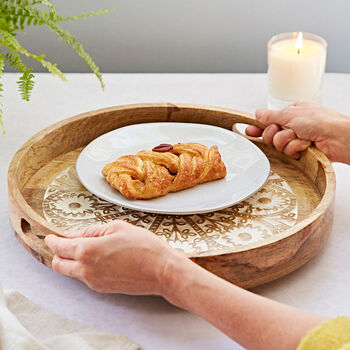 Round Floral Carved Mango Wood Serving Tray, 3 of 4