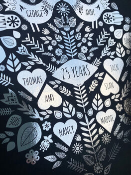 25th Silver Wedding Anniversary Foil Family Tree Print, 6 of 8