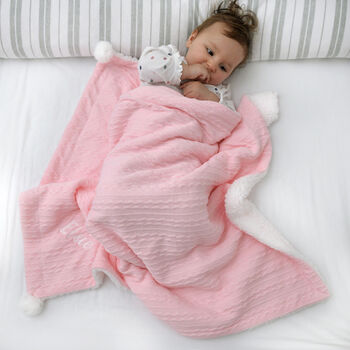 Personalised Bright Pink Cable Knit Pom Pom Blanket, 2 of 6