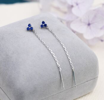 Sterling Silver Sapphire Blue Trio Flower Cz Threader Earrings, 7 of 11