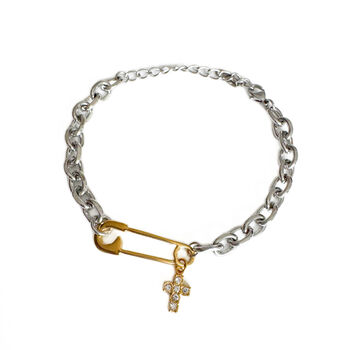 Silver Chain Bracelet Gold Safety Pin And Cross Charm, 3 of 3