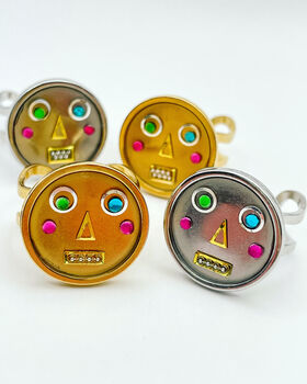 Statement Ring With Cute Robot Faces In Gold Or Silver, 4 of 10