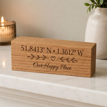 Personalised Coordinates Oak Block | Custom Latitude Longitude Gift, Couple, 5 of 8