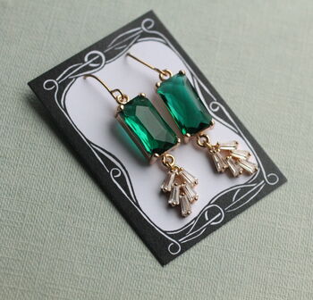 Art Deco Emerald Green Bar Crystal Chrysler Earrings, 3 of 7