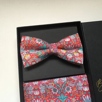 Red Liberty Bow Tie , Pocket Square Cuff Link Gift Set, 3 of 12