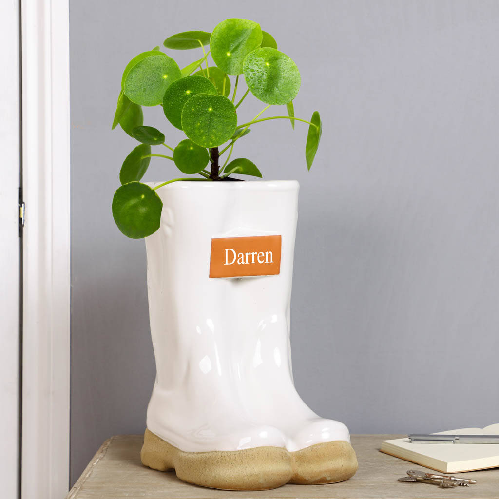 Personalised White Ceramic Welly Boot Planter By Dibor
