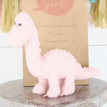 Personalised Gift Bag + Pink Diplodocus Rattle Dinosaur, 2 of 4