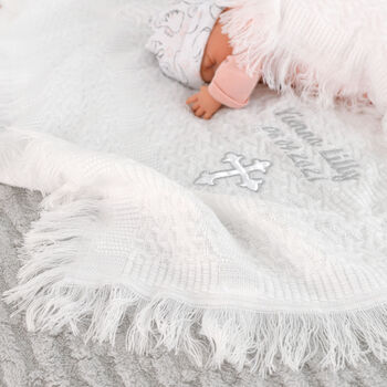 Personalised Baby Christening Silver Embroidered Shawl, 10 of 12