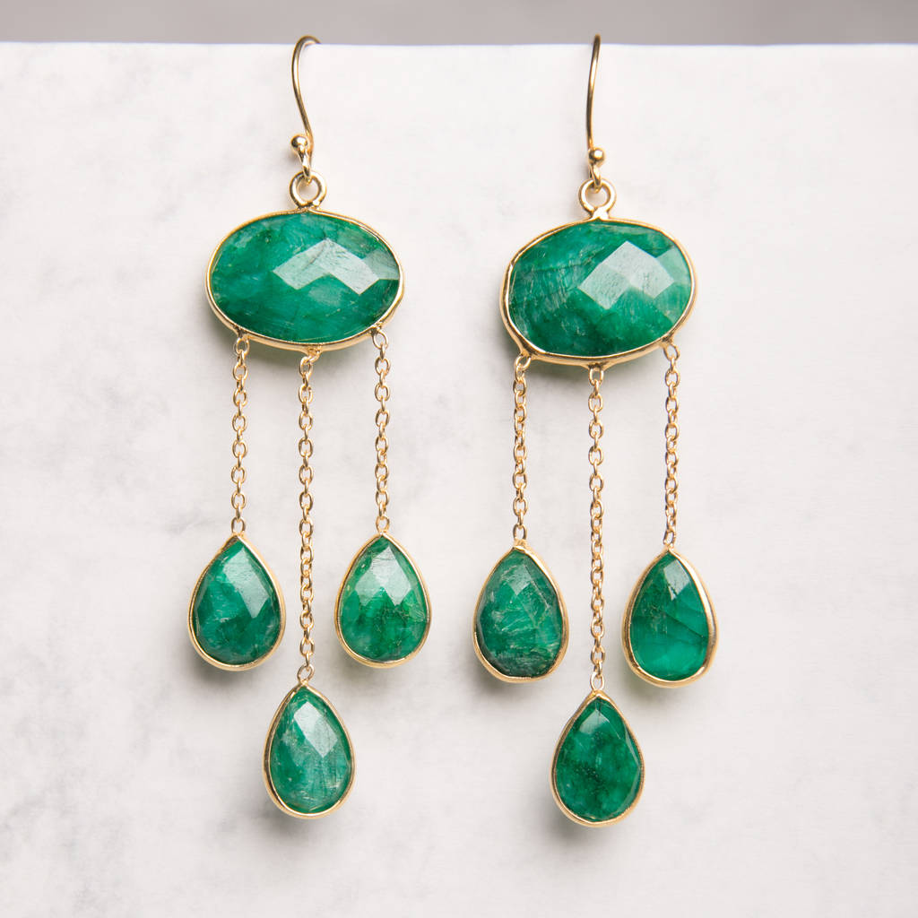 Emerald Gold Plated Silver Long Teardrop Earrings By Rochejewels