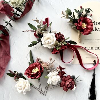 Burgundy Bridal Floral Hair Pins, 5 of 7