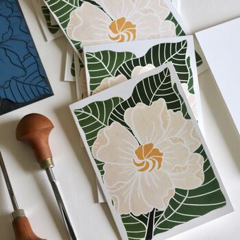 Linocut Gardenia Flower Notecards Set Of Eight, 3 of 8