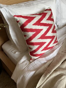 Square Ikat Silk Cushion Coral Red Zigzag, 7 of 9