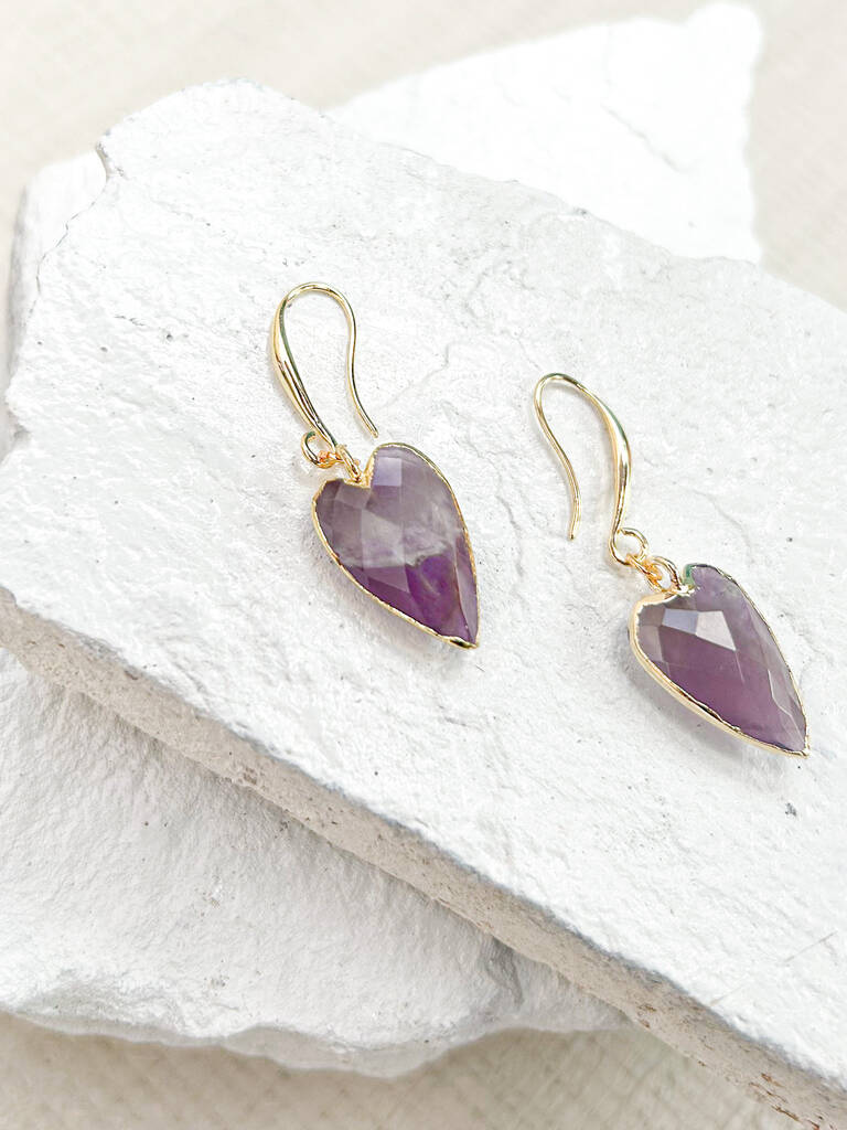 Amethyst Heart Earrings Real 18k Gold Plated, 1 of 7