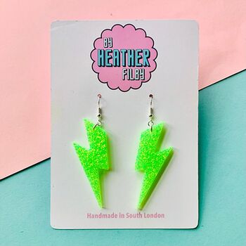 Neon Green Glitter Lightning Bolt Earrings Small And Large, 9 of 10