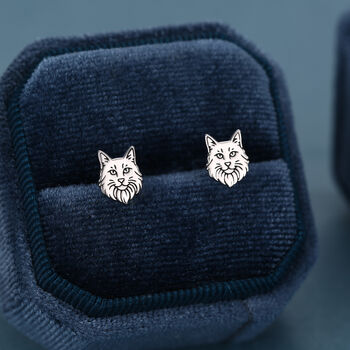 Sterling Silver Maine Coon Style Cat Face Stud Earrings, 4 of 12