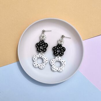 Polka Dot Black And White Flower Polymer Clay Earrings, 4 of 4