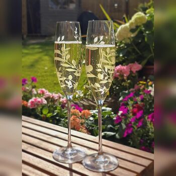 Personalised Set Of Two Floral Crystal Champagne Flutes, 7 of 10