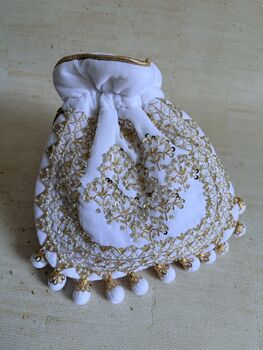 White Velvet Handcrafted Luxury Potli/Wrist Bag, 3 of 7