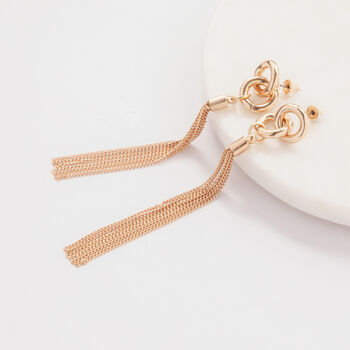 Gold Colour Knot And Tassel Design Long Drop Earrings, 3 of 3