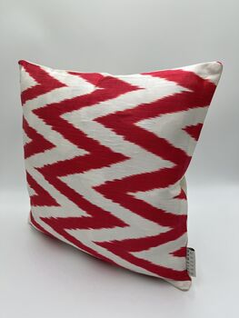 Square Ikat Silk Cushion Coral Red Zigzag, 2 of 9