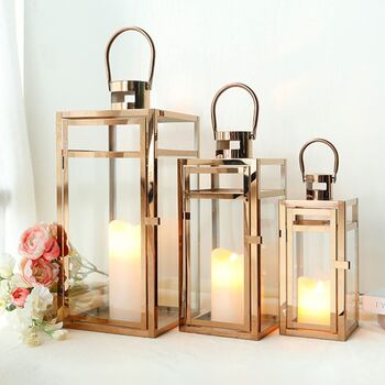 Set Of Three Rose Gold Stainless Candle Holder Lantern, 2 of 6