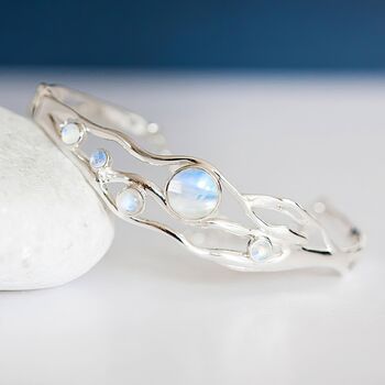 Hinged Sterling Silver Rainbow Moonstone Bangle, 2 of 9