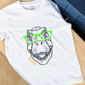 Kids Personalised Dinosaur With Glasses T Shirt, 2 of 4