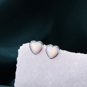 Sterling Silver White Opal Heart Screw Back Earrings, 3 of 11