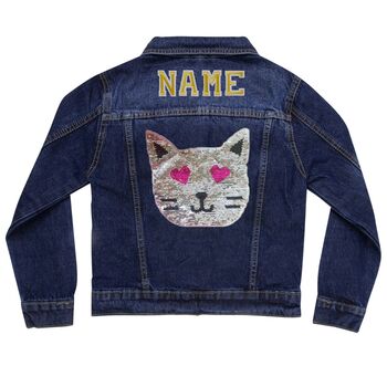 Personalised Kids Denim Jacket Reversible Sequin Cat, 9 of 9