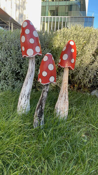 Set Of Three Wooden Red Mushrooms For Garden, 4 of 10