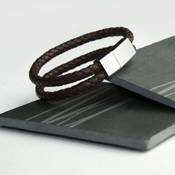 Personalised Men's Dual Leather Woven Bracelet In Umber, 5 of 5
