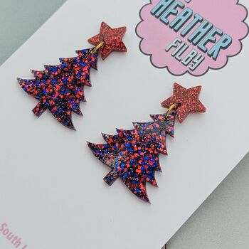Red And Blue Christmas Tree With Star Glitter Resin Earrings, 3 of 4